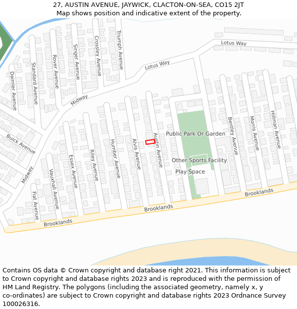 27, AUSTIN AVENUE, JAYWICK, CLACTON-ON-SEA, CO15 2JT: Location map and indicative extent of plot