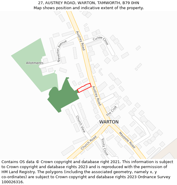 27, AUSTREY ROAD, WARTON, TAMWORTH, B79 0HN: Location map and indicative extent of plot