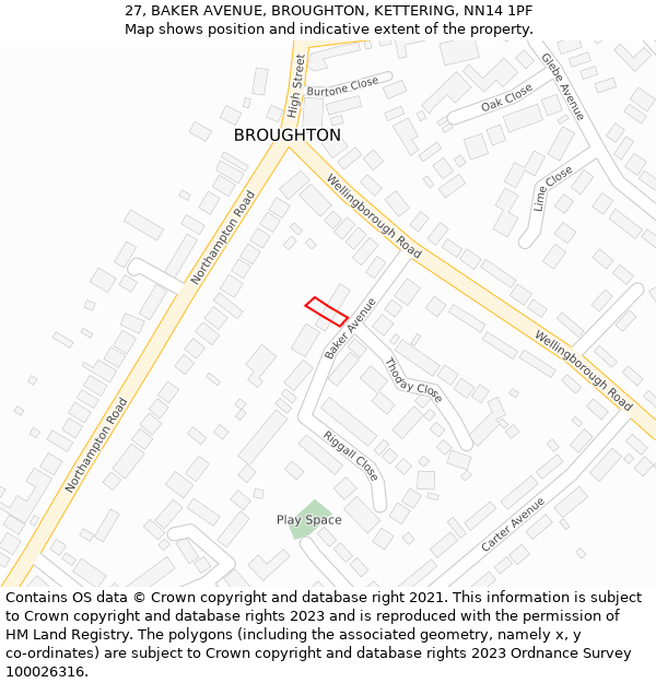 27, BAKER AVENUE, BROUGHTON, KETTERING, NN14 1PF: Location map and indicative extent of plot
