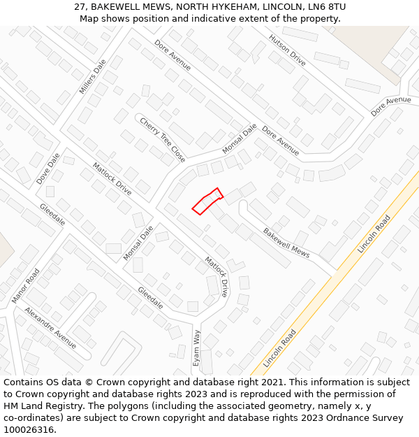 27, BAKEWELL MEWS, NORTH HYKEHAM, LINCOLN, LN6 8TU: Location map and indicative extent of plot