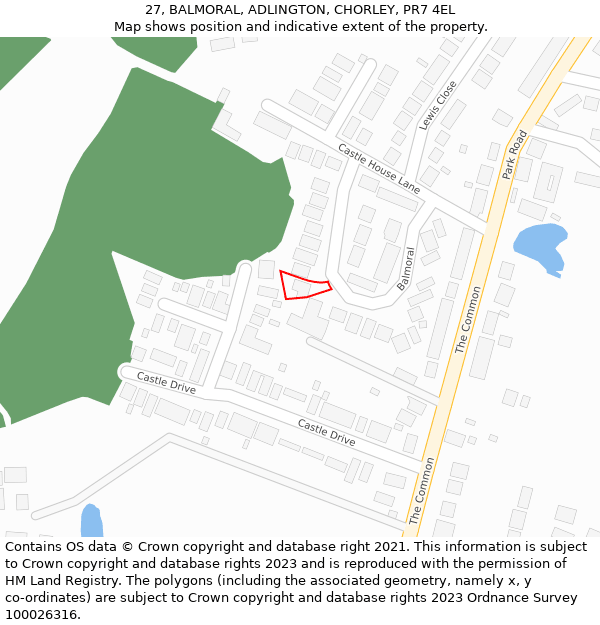 27, BALMORAL, ADLINGTON, CHORLEY, PR7 4EL: Location map and indicative extent of plot
