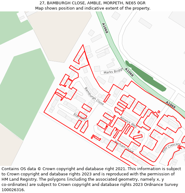 27, BAMBURGH CLOSE, AMBLE, MORPETH, NE65 0GR: Location map and indicative extent of plot