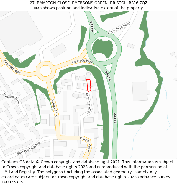 27, BAMPTON CLOSE, EMERSONS GREEN, BRISTOL, BS16 7QZ: Location map and indicative extent of plot