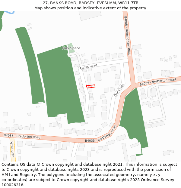 27, BANKS ROAD, BADSEY, EVESHAM, WR11 7TB: Location map and indicative extent of plot