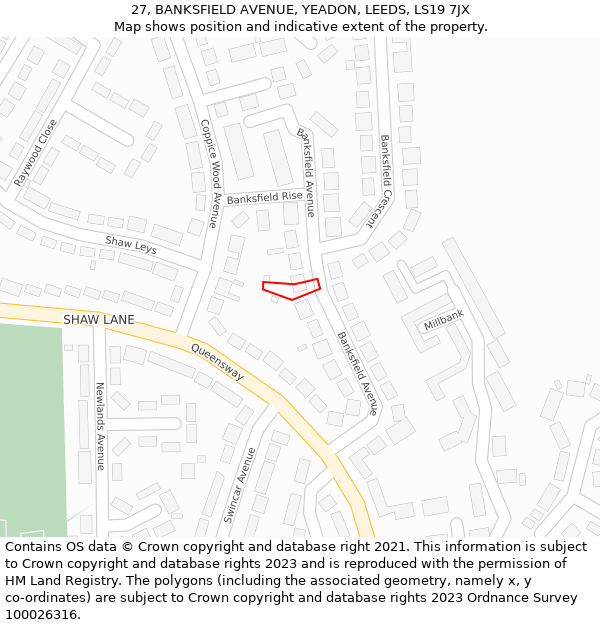 27, BANKSFIELD AVENUE, YEADON, LEEDS, LS19 7JX: Location map and indicative extent of plot