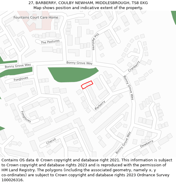 27, BARBERRY, COULBY NEWHAM, MIDDLESBROUGH, TS8 0XG: Location map and indicative extent of plot