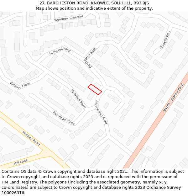 27, BARCHESTON ROAD, KNOWLE, SOLIHULL, B93 9JS: Location map and indicative extent of plot