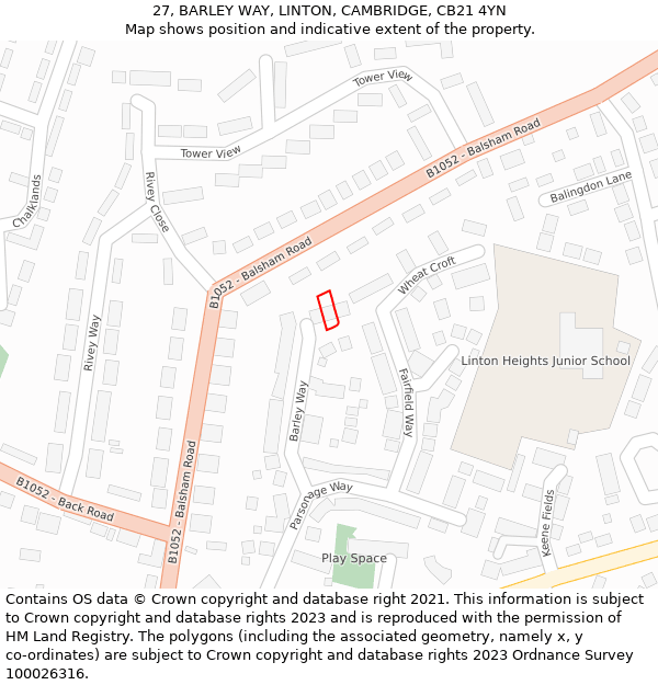 27, BARLEY WAY, LINTON, CAMBRIDGE, CB21 4YN: Location map and indicative extent of plot