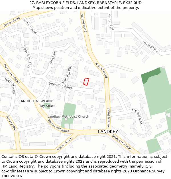 27, BARLEYCORN FIELDS, LANDKEY, BARNSTAPLE, EX32 0UD: Location map and indicative extent of plot