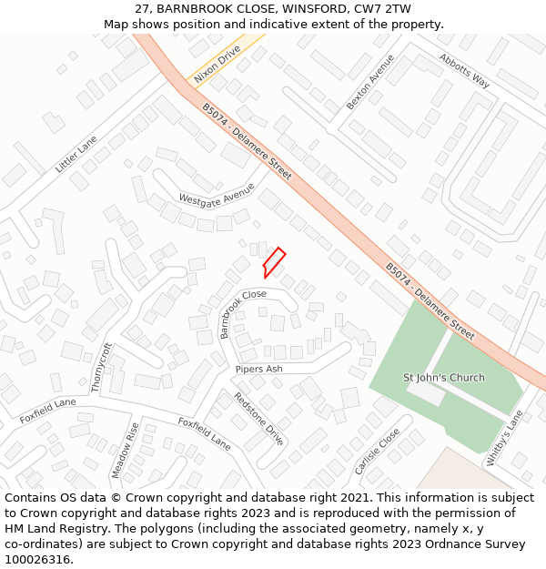 27, BARNBROOK CLOSE, WINSFORD, CW7 2TW: Location map and indicative extent of plot