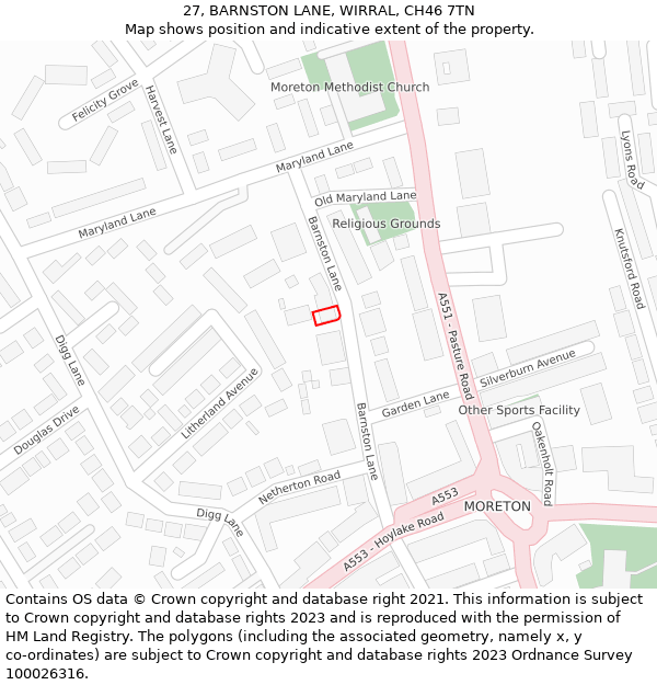 27, BARNSTON LANE, WIRRAL, CH46 7TN: Location map and indicative extent of plot