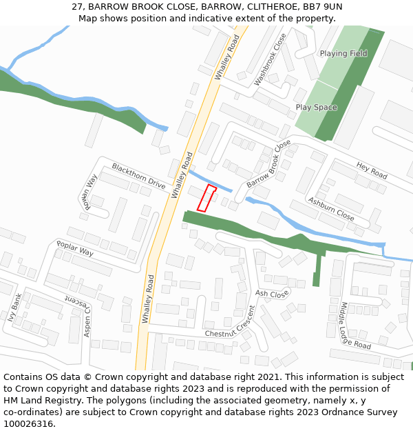 27, BARROW BROOK CLOSE, BARROW, CLITHEROE, BB7 9UN: Location map and indicative extent of plot