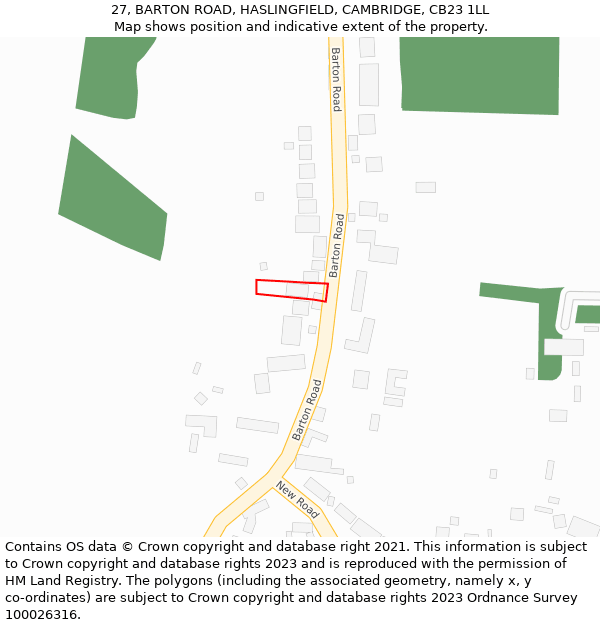 27, BARTON ROAD, HASLINGFIELD, CAMBRIDGE, CB23 1LL: Location map and indicative extent of plot