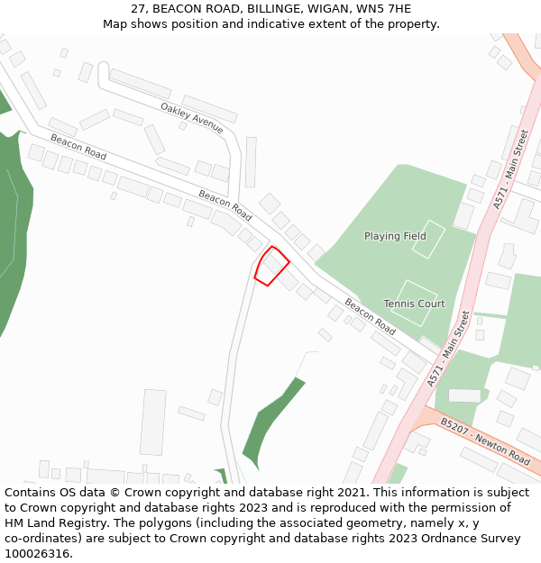 27, BEACON ROAD, BILLINGE, WIGAN, WN5 7HE: Location map and indicative extent of plot