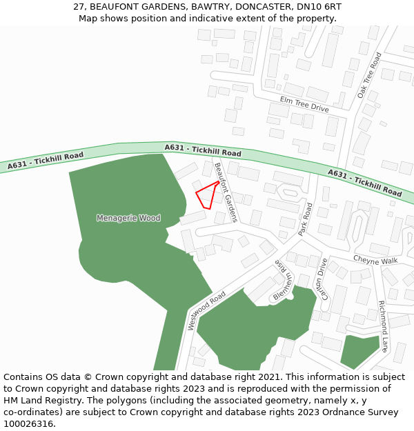 27, BEAUFONT GARDENS, BAWTRY, DONCASTER, DN10 6RT: Location map and indicative extent of plot