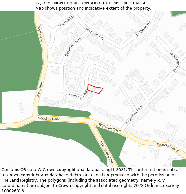 27, BEAUMONT PARK, DANBURY, CHELMSFORD, CM3 4DE: Location map and indicative extent of plot