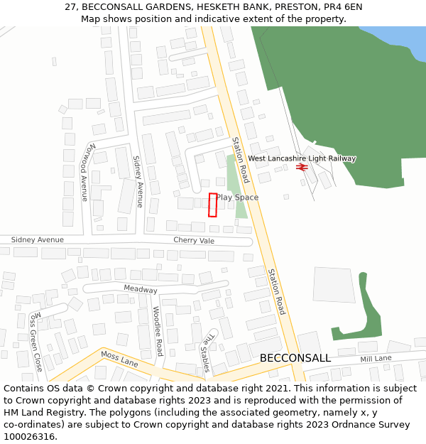 27, BECCONSALL GARDENS, HESKETH BANK, PRESTON, PR4 6EN: Location map and indicative extent of plot