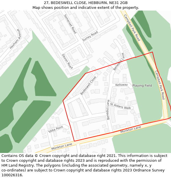27, BEDESWELL CLOSE, HEBBURN, NE31 2GB: Location map and indicative extent of plot