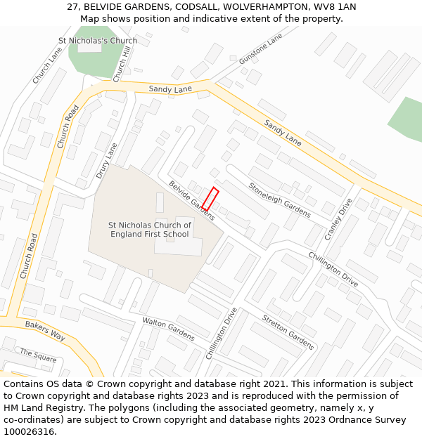 27, BELVIDE GARDENS, CODSALL, WOLVERHAMPTON, WV8 1AN: Location map and indicative extent of plot