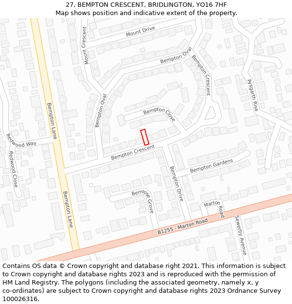 27, BEMPTON CRESCENT, BRIDLINGTON, YO16 7HF: Location map and indicative extent of plot