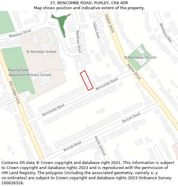 27, BENCOMBE ROAD, PURLEY, CR8 4DR: Location map and indicative extent of plot
