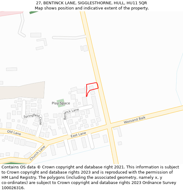 27, BENTINCK LANE, SIGGLESTHORNE, HULL, HU11 5QR: Location map and indicative extent of plot