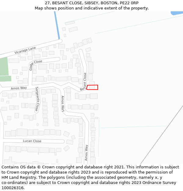 27, BESANT CLOSE, SIBSEY, BOSTON, PE22 0RP: Location map and indicative extent of plot