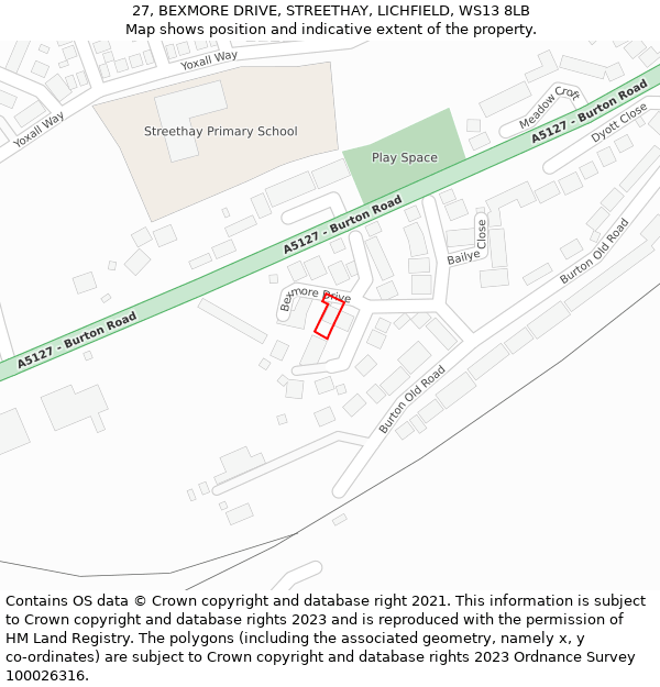 27, BEXMORE DRIVE, STREETHAY, LICHFIELD, WS13 8LB: Location map and indicative extent of plot