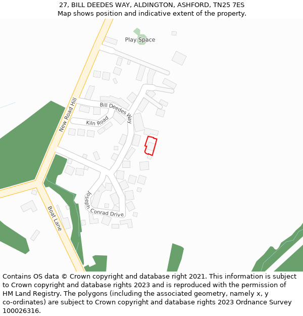 27, BILL DEEDES WAY, ALDINGTON, ASHFORD, TN25 7ES: Location map and indicative extent of plot