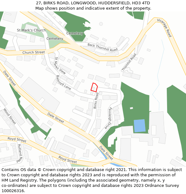 27, BIRKS ROAD, LONGWOOD, HUDDERSFIELD, HD3 4TD: Location map and indicative extent of plot
