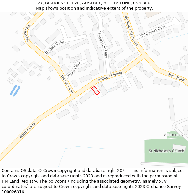 27, BISHOPS CLEEVE, AUSTREY, ATHERSTONE, CV9 3EU: Location map and indicative extent of plot