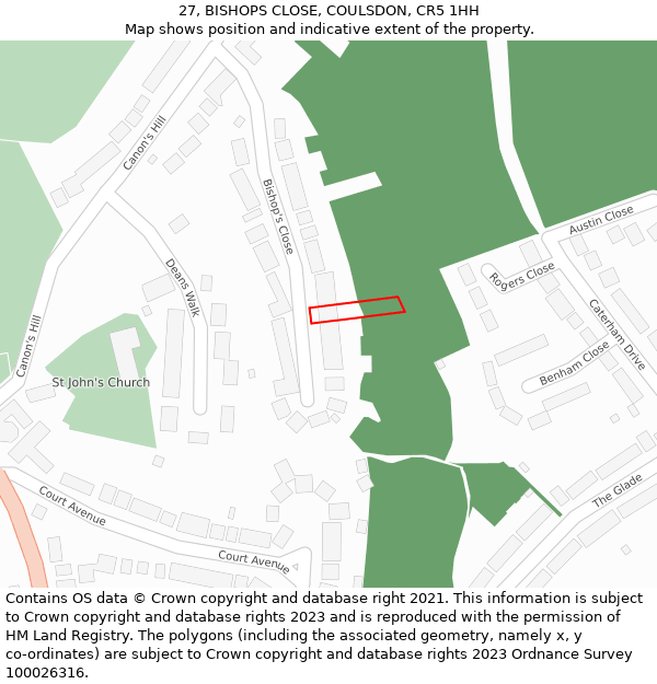 27, BISHOPS CLOSE, COULSDON, CR5 1HH: Location map and indicative extent of plot