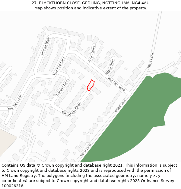 27, BLACKTHORN CLOSE, GEDLING, NOTTINGHAM, NG4 4AU: Location map and indicative extent of plot