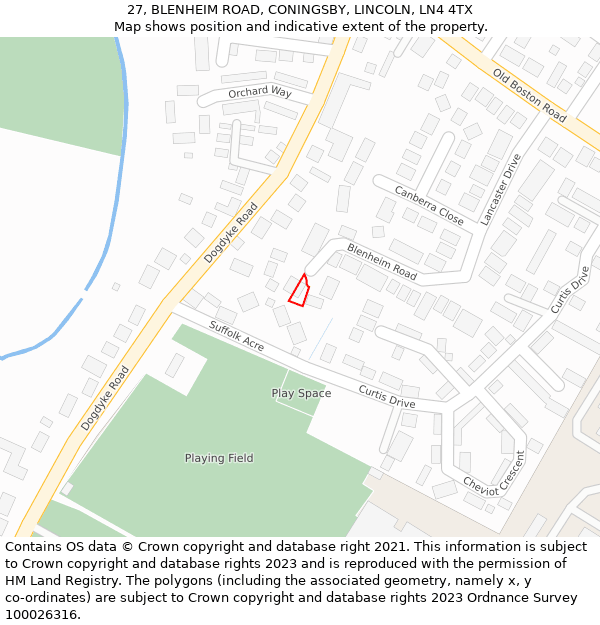 27, BLENHEIM ROAD, CONINGSBY, LINCOLN, LN4 4TX: Location map and indicative extent of plot