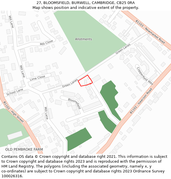 27, BLOOMSFIELD, BURWELL, CAMBRIDGE, CB25 0RA: Location map and indicative extent of plot