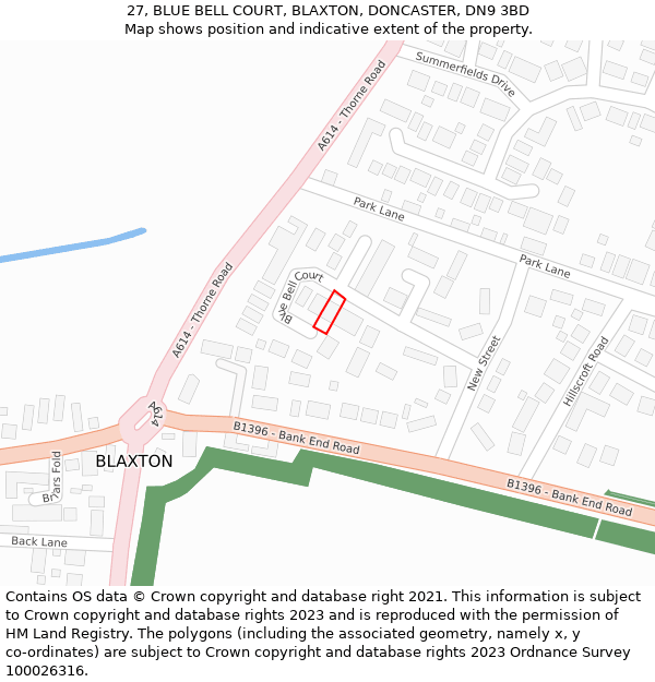 27, BLUE BELL COURT, BLAXTON, DONCASTER, DN9 3BD: Location map and indicative extent of plot