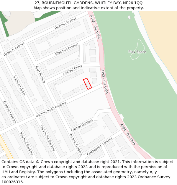 27, BOURNEMOUTH GARDENS, WHITLEY BAY, NE26 1QQ: Location map and indicative extent of plot