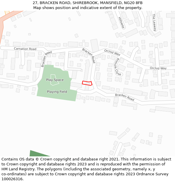 27, BRACKEN ROAD, SHIREBROOK, MANSFIELD, NG20 8FB: Location map and indicative extent of plot