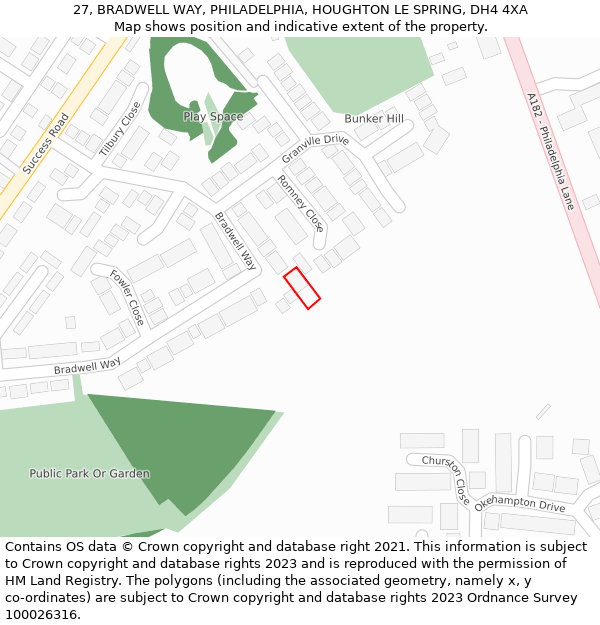 27, BRADWELL WAY, PHILADELPHIA, HOUGHTON LE SPRING, DH4 4XA: Location map and indicative extent of plot