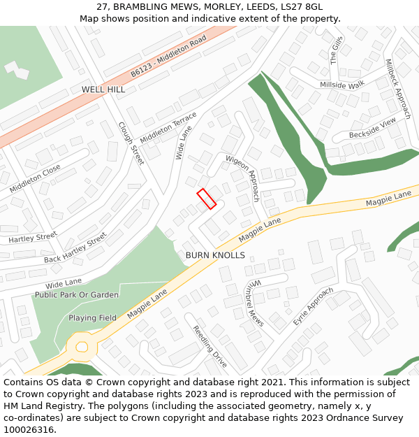 27, BRAMBLING MEWS, MORLEY, LEEDS, LS27 8GL: Location map and indicative extent of plot