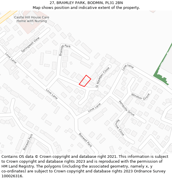 27, BRAMLEY PARK, BODMIN, PL31 2BN: Location map and indicative extent of plot