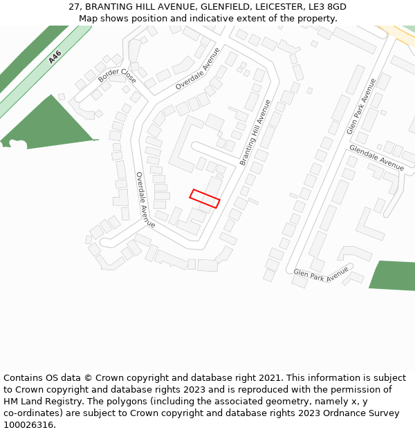 27, BRANTING HILL AVENUE, GLENFIELD, LEICESTER, LE3 8GD: Location map and indicative extent of plot