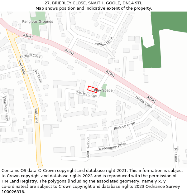 27, BRIERLEY CLOSE, SNAITH, GOOLE, DN14 9TL: Location map and indicative extent of plot