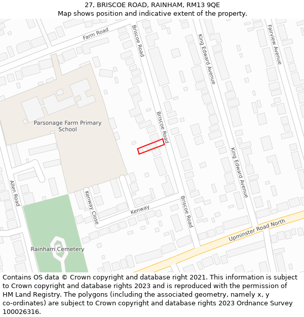 27, BRISCOE ROAD, RAINHAM, RM13 9QE: Location map and indicative extent of plot