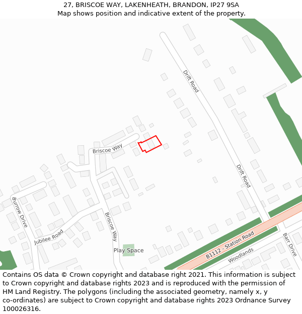 27, BRISCOE WAY, LAKENHEATH, BRANDON, IP27 9SA: Location map and indicative extent of plot