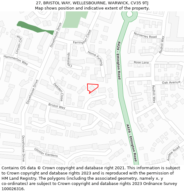 27, BRISTOL WAY, WELLESBOURNE, WARWICK, CV35 9TJ: Location map and indicative extent of plot