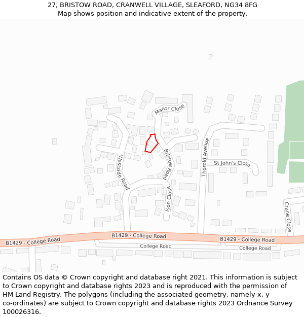 27, BRISTOW ROAD, CRANWELL VILLAGE, SLEAFORD, NG34 8FG: Location map and indicative extent of plot