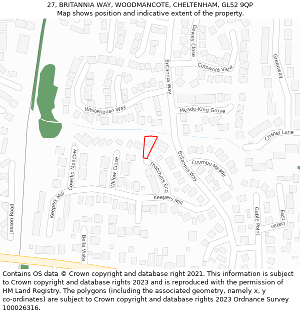 27, BRITANNIA WAY, WOODMANCOTE, CHELTENHAM, GL52 9QP: Location map and indicative extent of plot