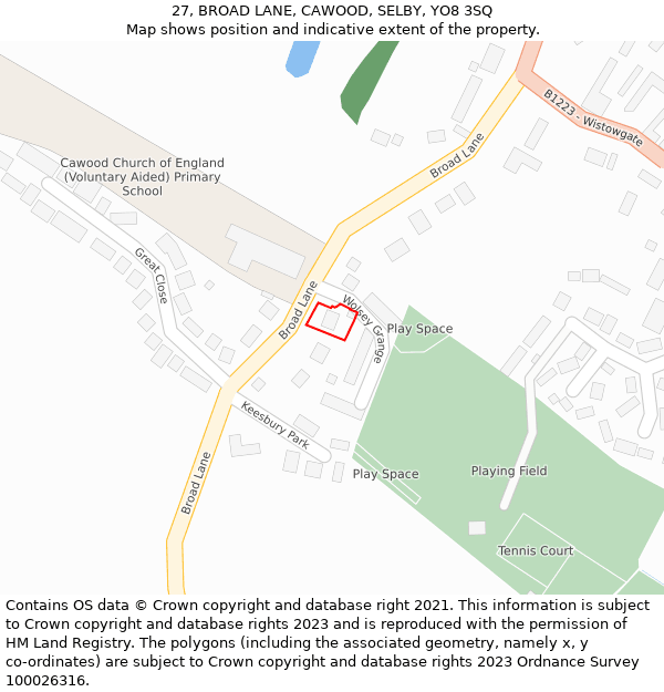 27, BROAD LANE, CAWOOD, SELBY, YO8 3SQ: Location map and indicative extent of plot