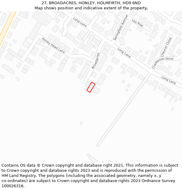 27, BROADACRES, HONLEY, HOLMFIRTH, HD9 6ND: Location map and indicative extent of plot